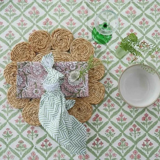 PINK AND GREEN TRELLIS hand block printed tablecloth