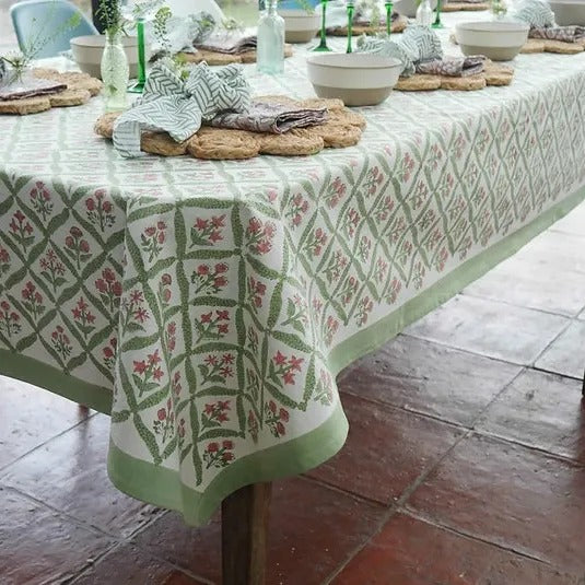 PINK AND GREEN TRELLIS hand block printed tablecloth