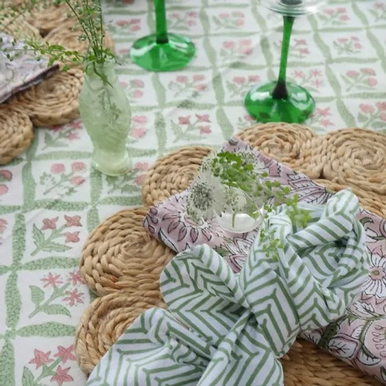 PINK AND GREEN TRELLIS hand block printed tablecloth