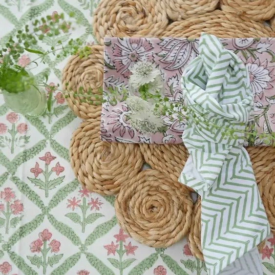 PINK AND GREEN TRELLIS hand block printed tablecloth