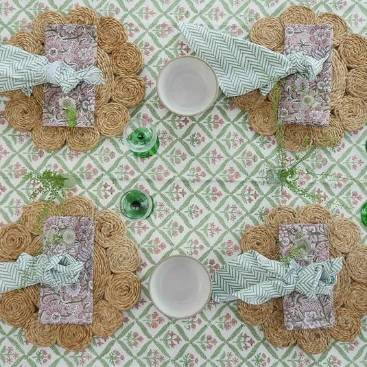 PINK AND GREEN TRELLIS hand block printed tablecloth
