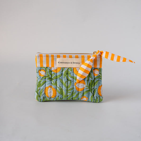 quilted block print zip pouch. stripes and pomegrante.