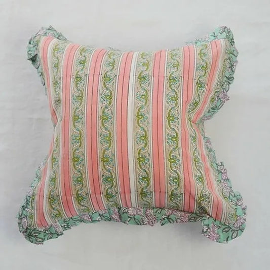 TRELLLIS MINT RUFFLE block printed ruffle cushion