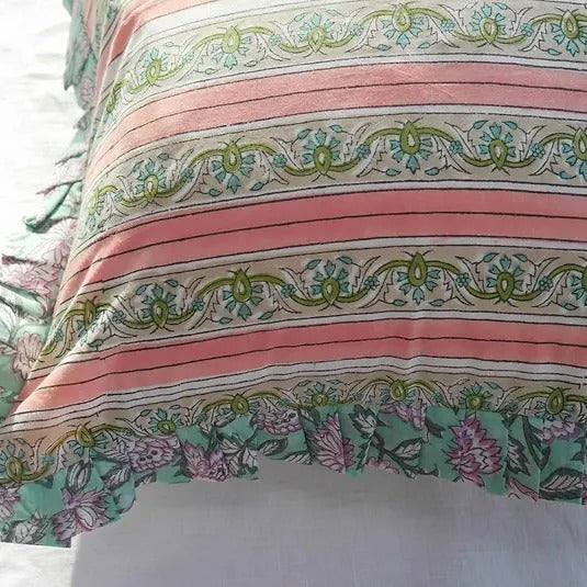 TRELLLIS MINT RUFFLE block printed ruffle cushion