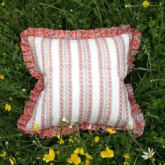 TRELLLIS PEACH RUFFLE block printed ruffle cushion