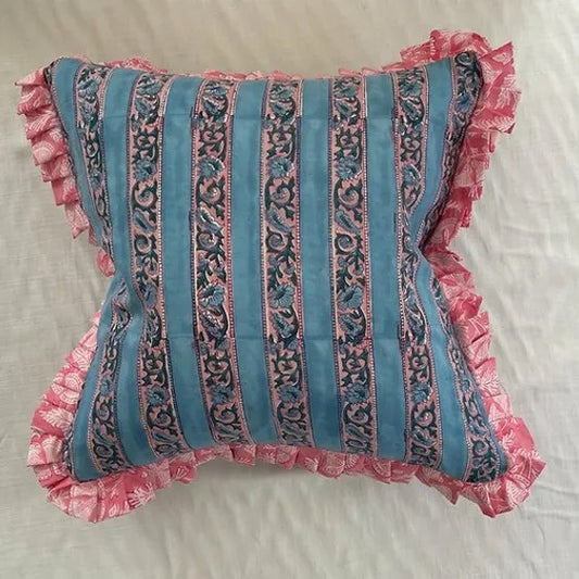 TRELLLIS PINK RUFFLE block printed ruffle cushion