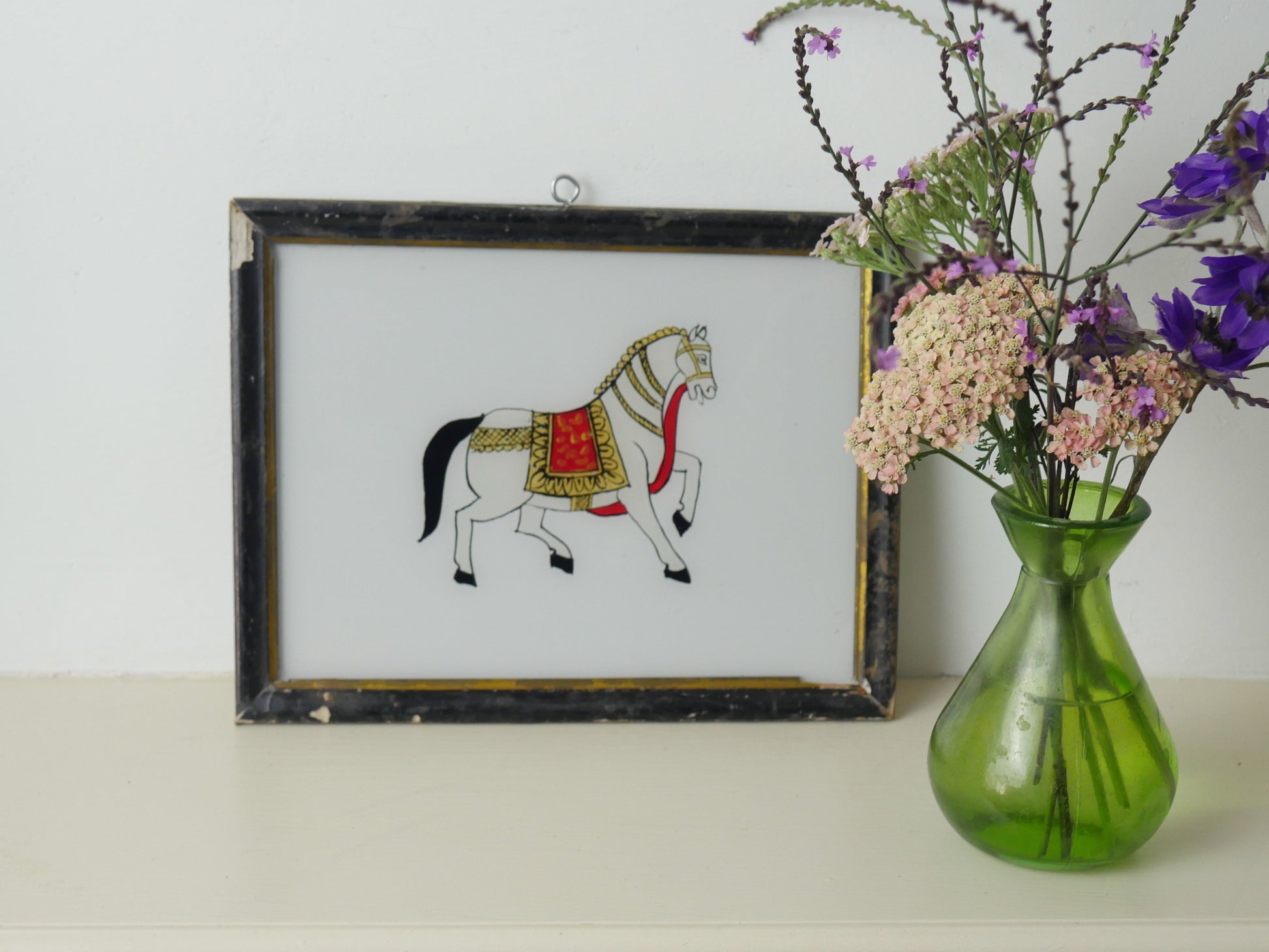 WHITE HORSE INDIAN REVERSE GLASS PAINTING