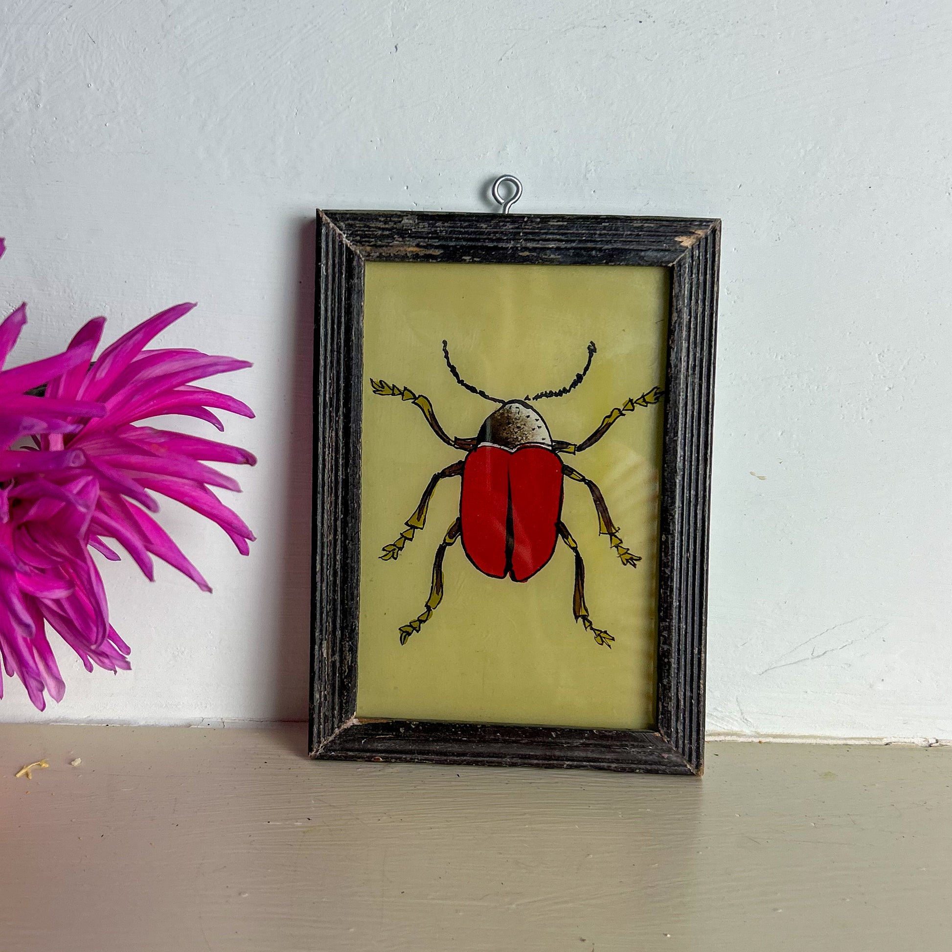Framed artwork of a red beetle on a light green background, with a pink flower in the corner.