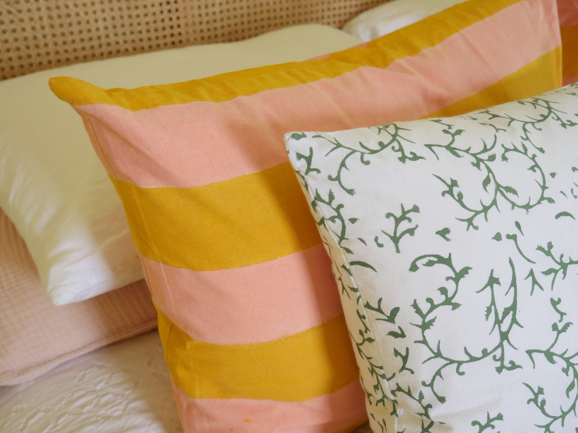 block printed cushion with feather pad
white background with green