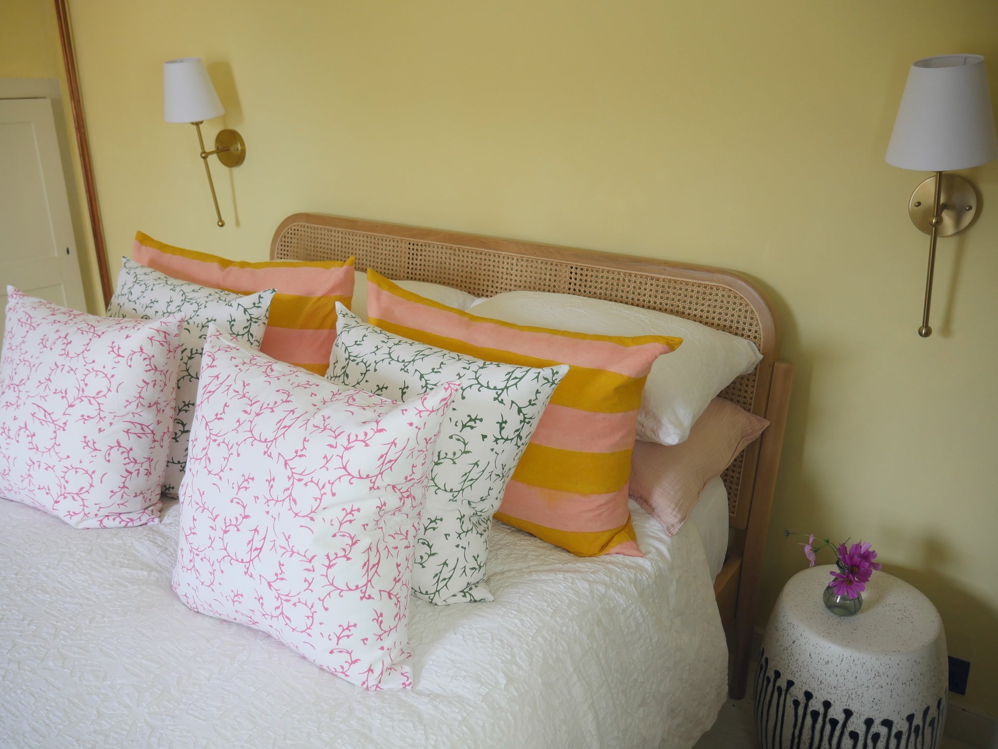 block printed cushion with feather pad
white background with pink