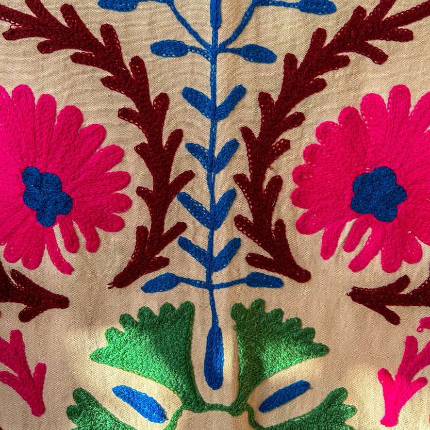 Close-up of colorful floral embroidery on fabric