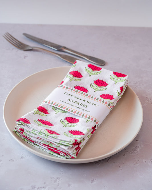 lotus-flower-napkins-block-printed-cherry-pink-green-set