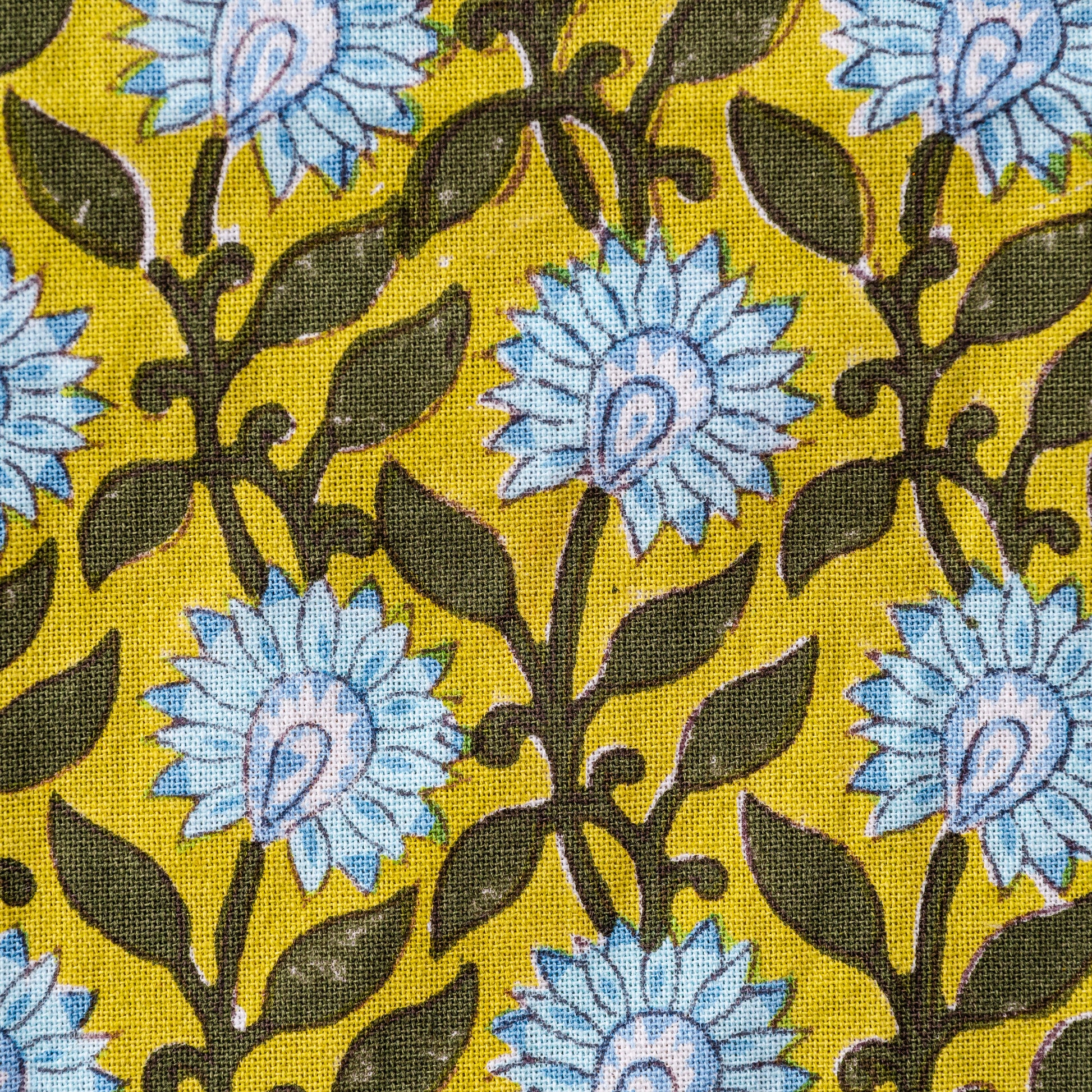 Pattern of blue flowers and green leaves on a yellow background