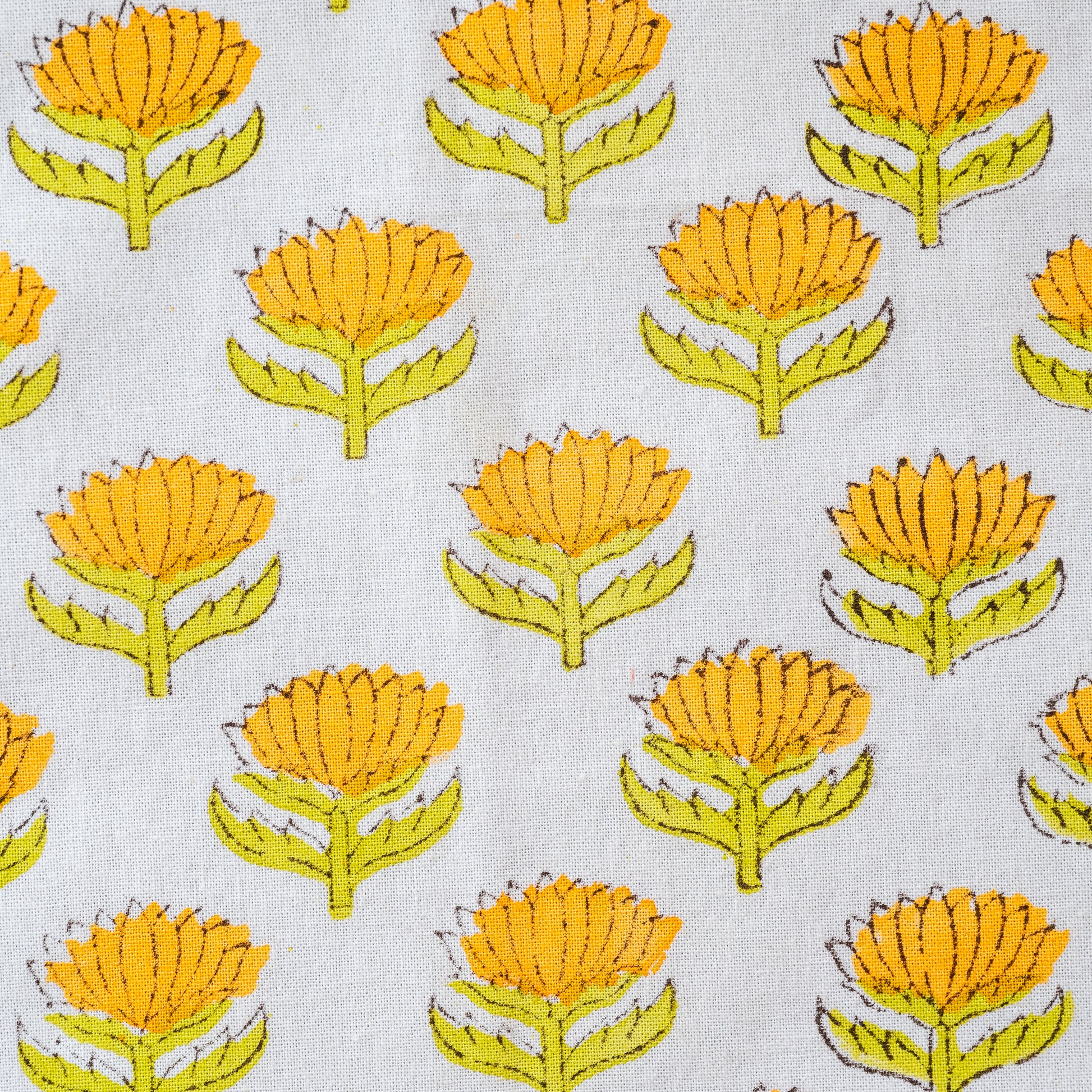 Pattern of yellow flowers with green stems on a white background