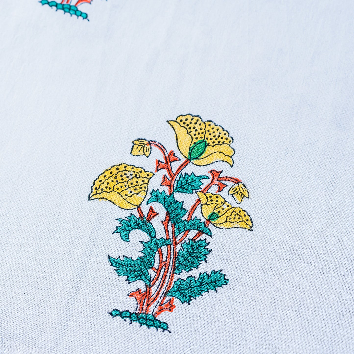Decorative floral design with yellow flowers and green leaves on a white background. FLORAL-GREEN-YELLOW-FLOWER