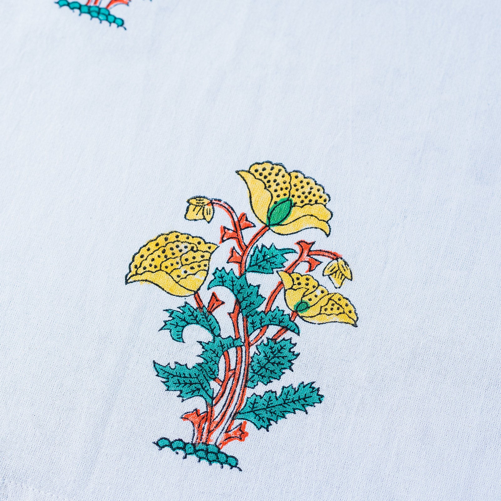 Decorative floral design with yellow flowers and green leaves on a white background. FLORAL-GREEN-YELLOW-FLOWER