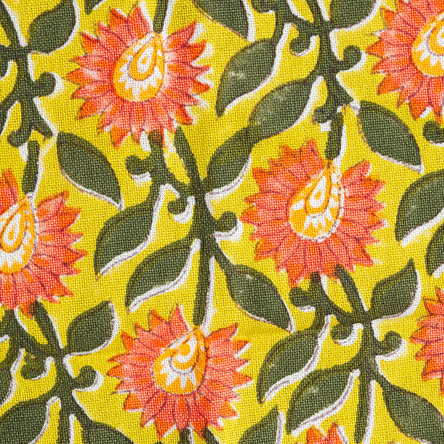 Floral pattern with pink flowers and green leaves on a yellow background