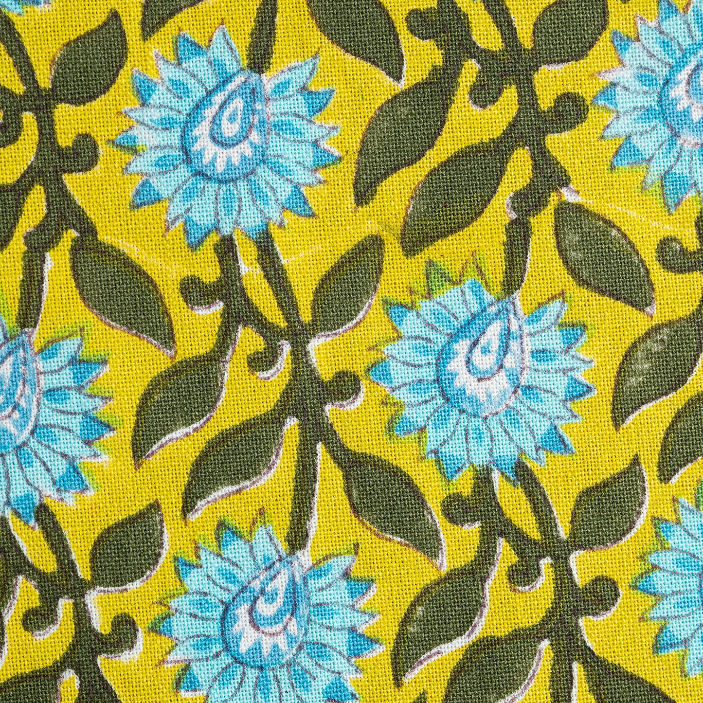Floral pattern with blue flowers and green leaves on a yellow background