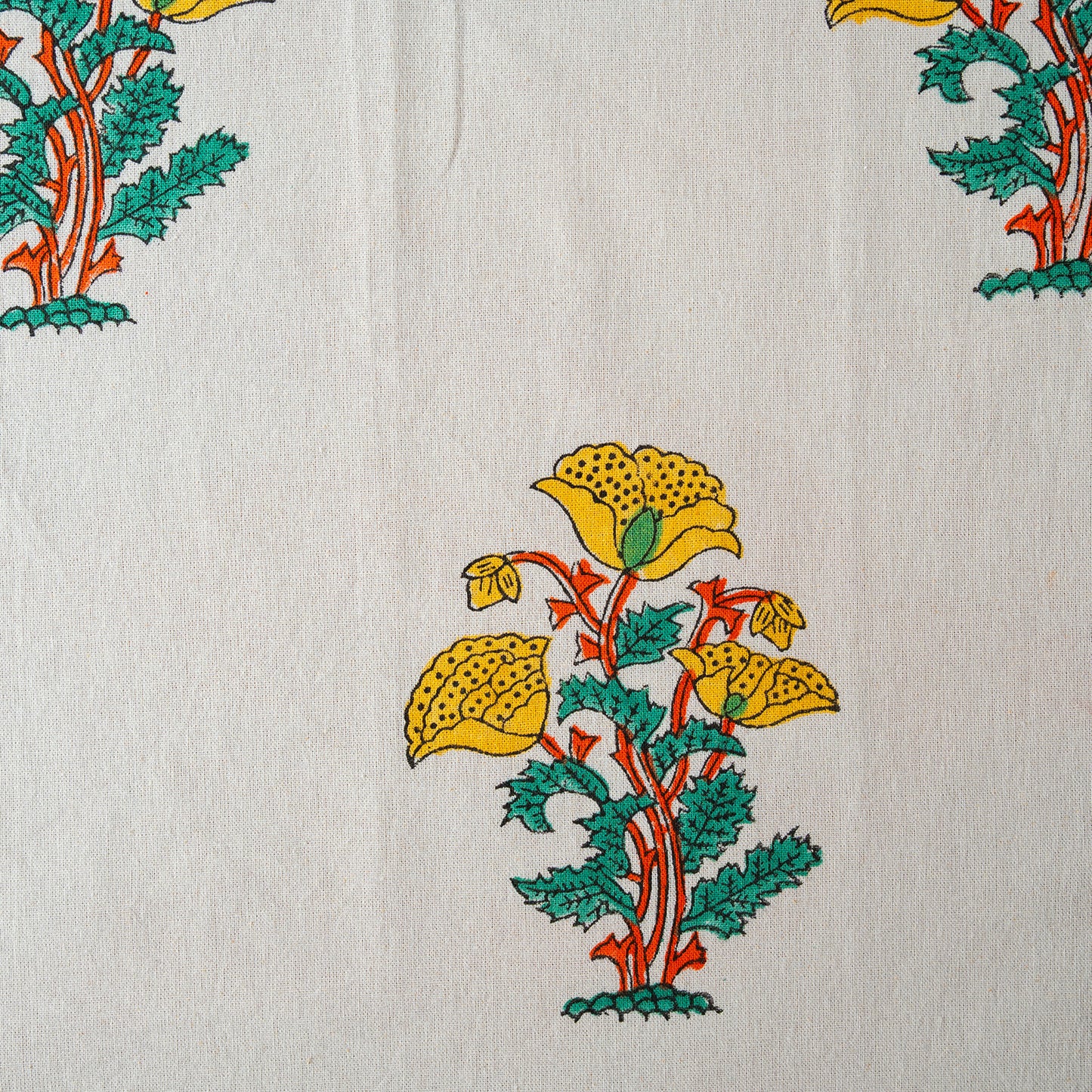 Decorative fabric with yellow flowers and green leaves on a white background