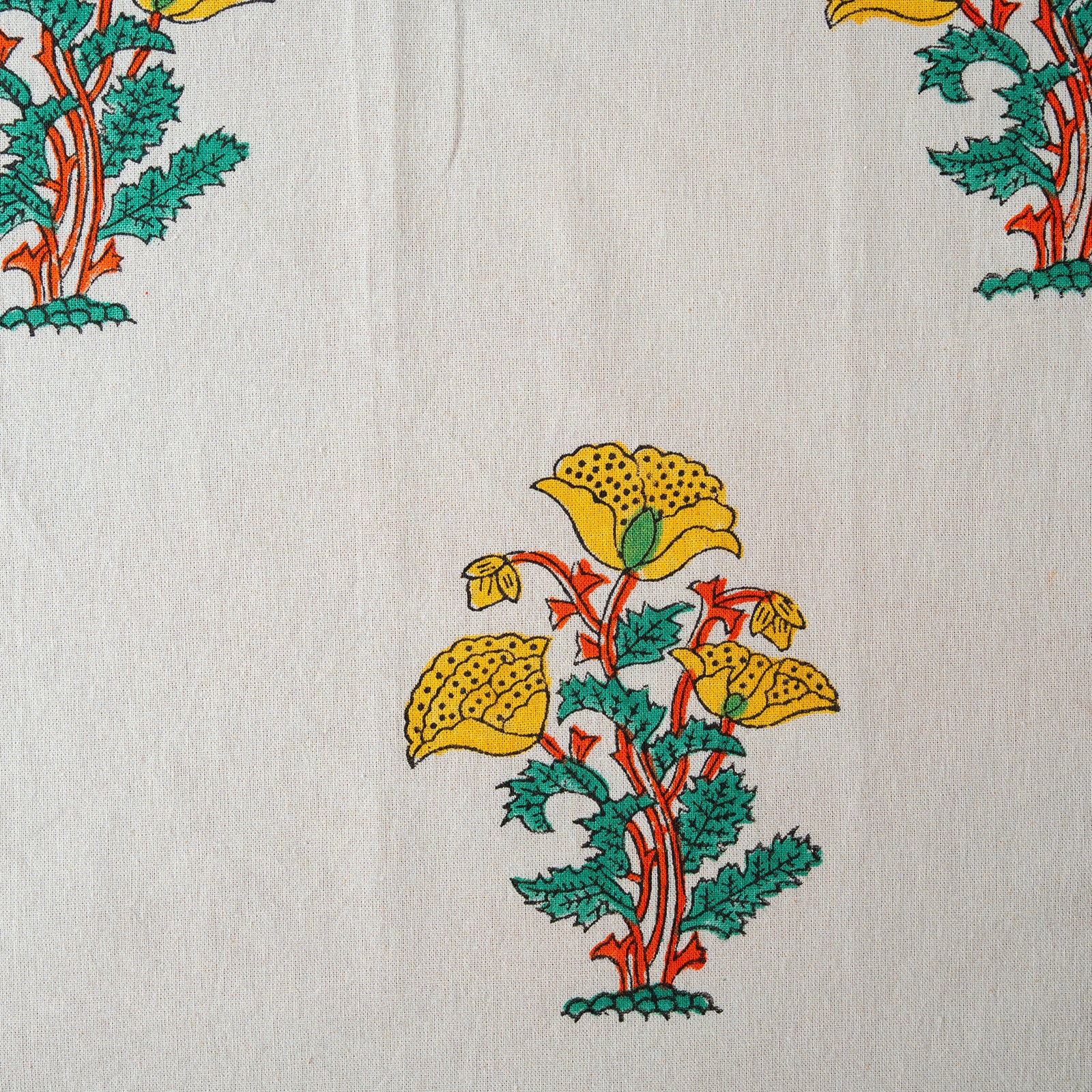 Decorative fabric with yellow flowers and green leaves on a white background