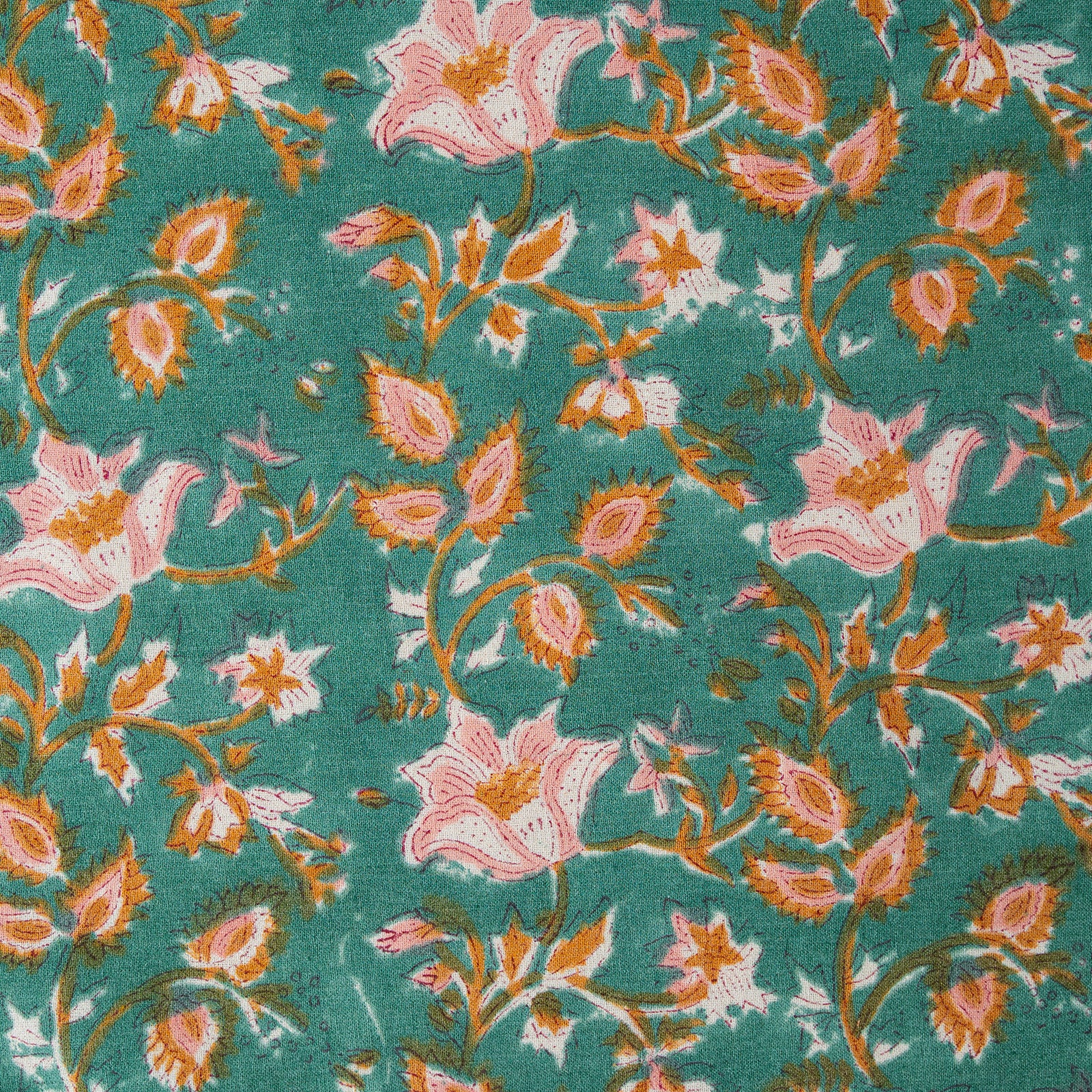 Floral pattern with pink and orange flowers on a teal background
