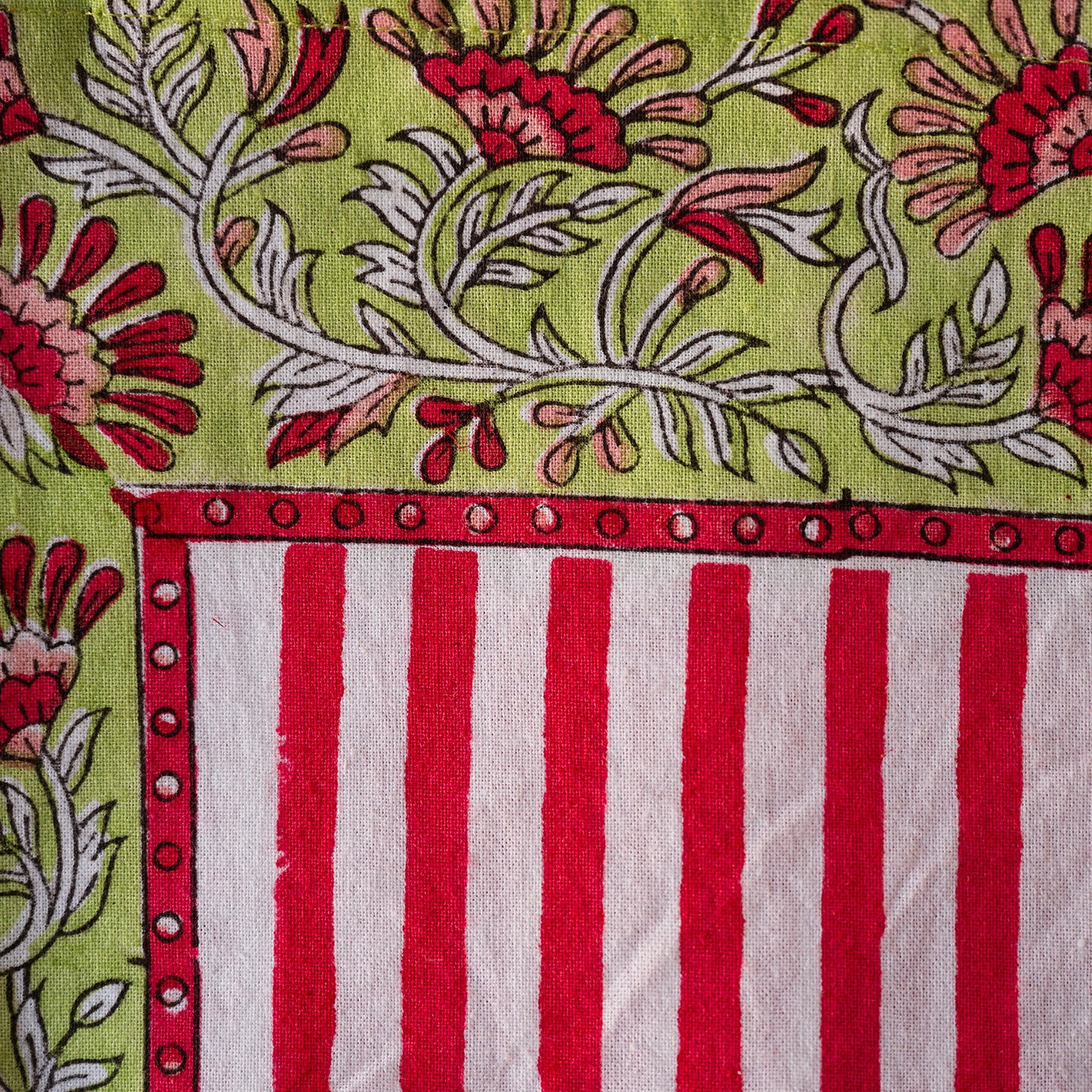 A close-up of a printed textile or fabric panel with a floral vine border in red, pink, and white on a light green background, plus a lower section with bold red and white vertical stripes.