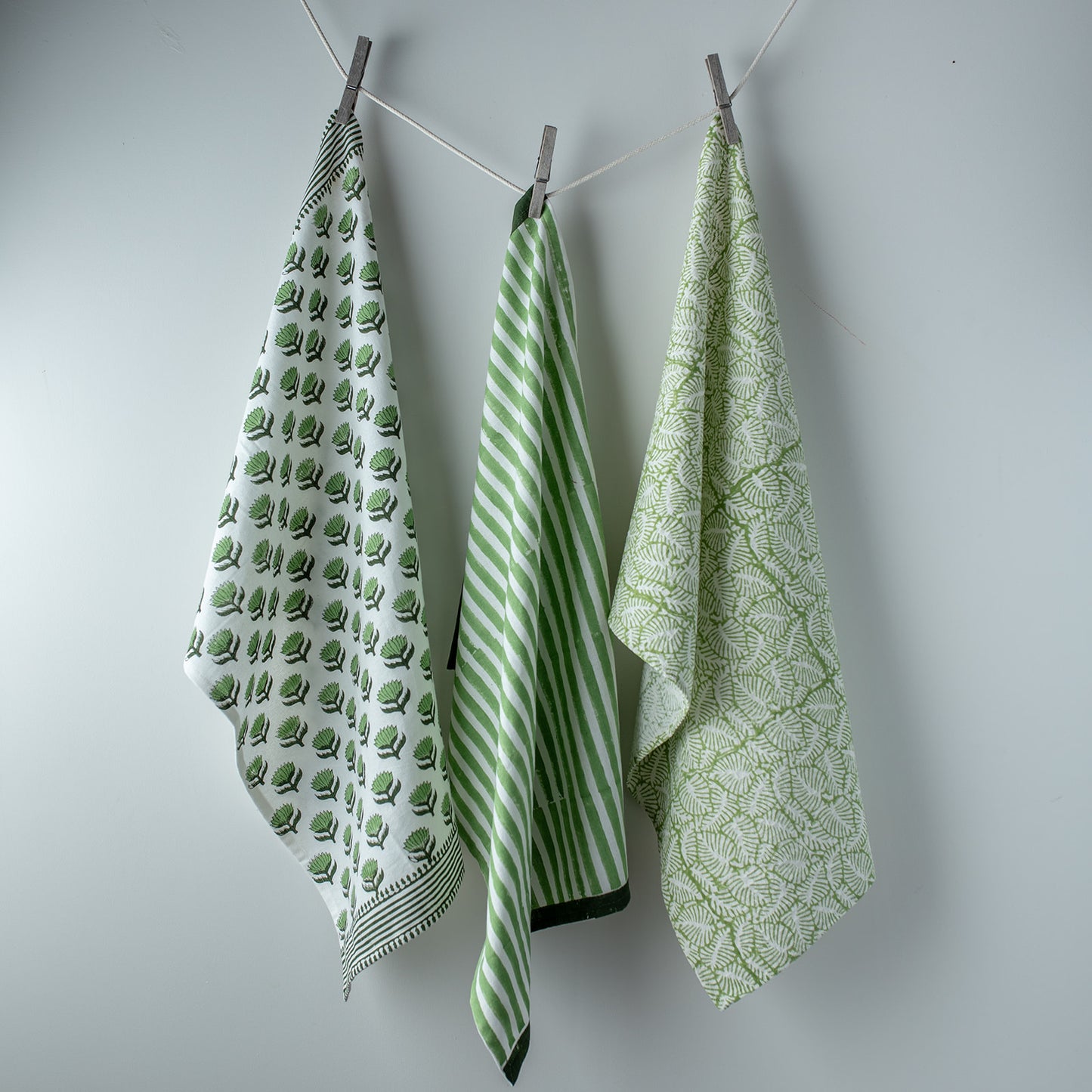 lotus-flower-leaf-block-printed-green-stripe-tea-towel-collection