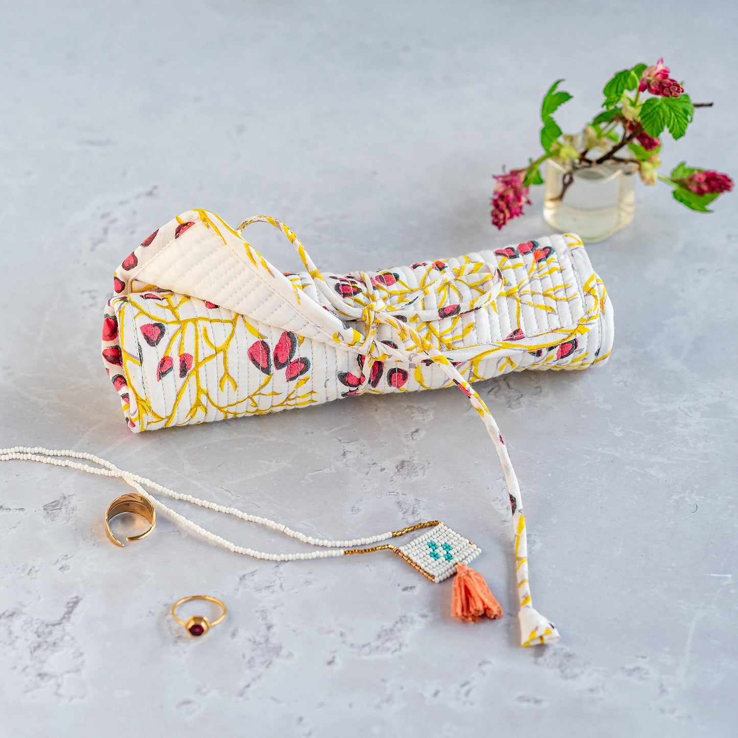 constance-and-denny-block-printed-jewellery-roll-storage-hand-made-white-floral-jasmin-rollled-pockets-ring-roll