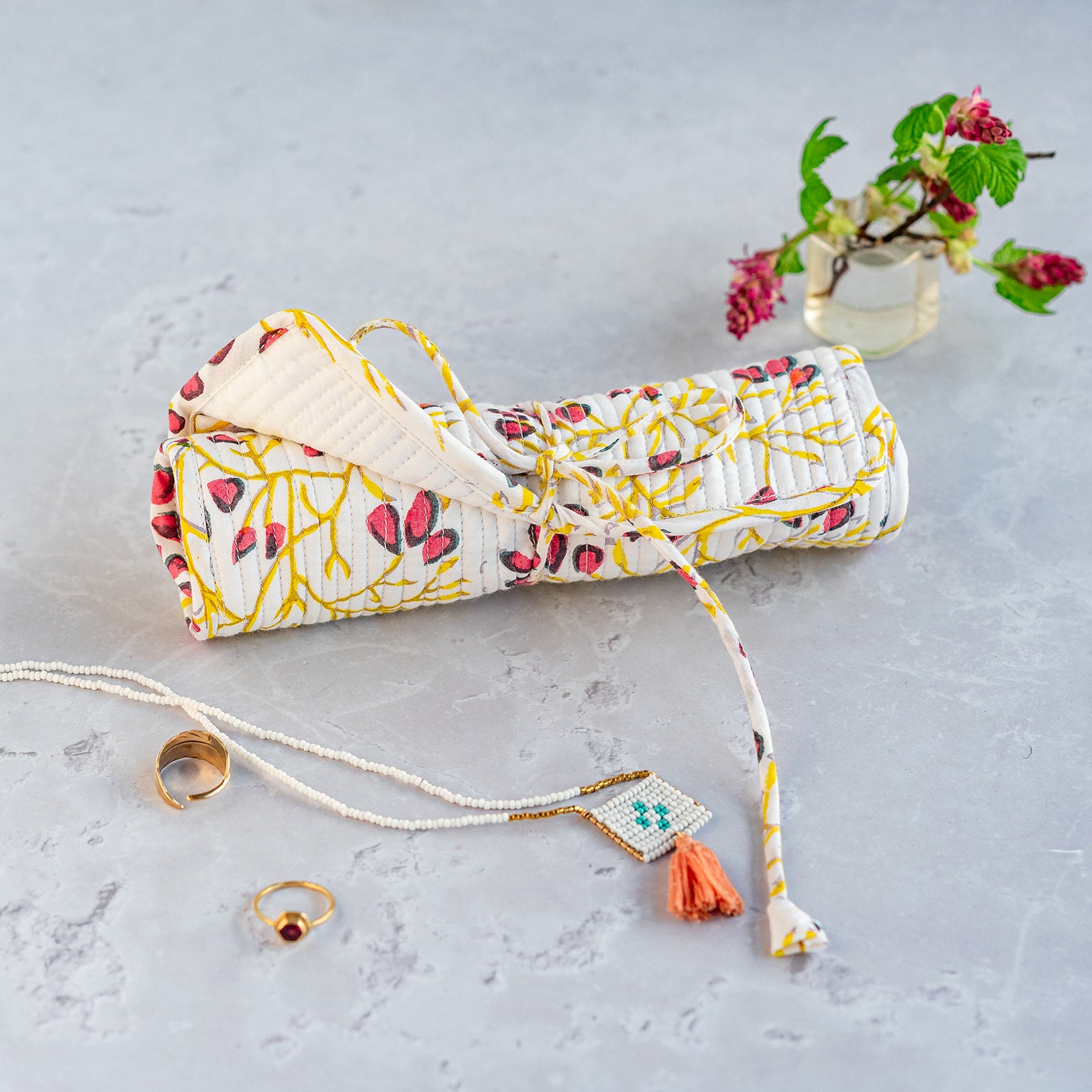 constance-and-denny-block-printed-jewellery-roll-storage-hand-made-white-floral-jasmin-rollled-pockets-ring-roll