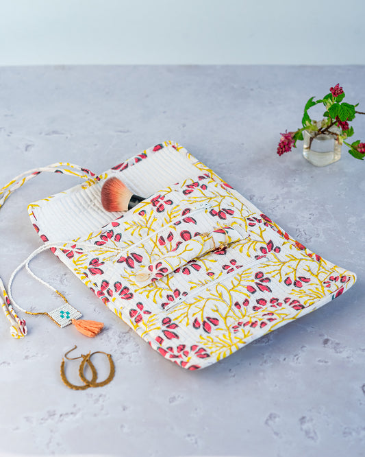constance-and-denny-block-printed-jewellery-roll-storage-hand-made-white-floral-jasmin-open-pockets-ring-roll