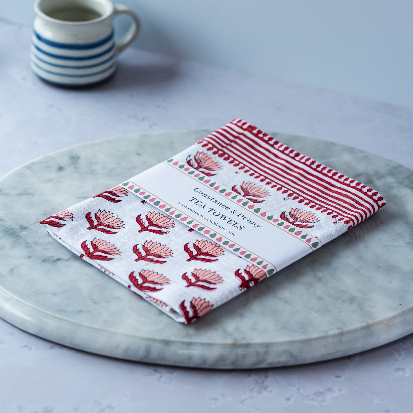 lotus-flower-block-printed-cherry-pink-stripe-tea-towel