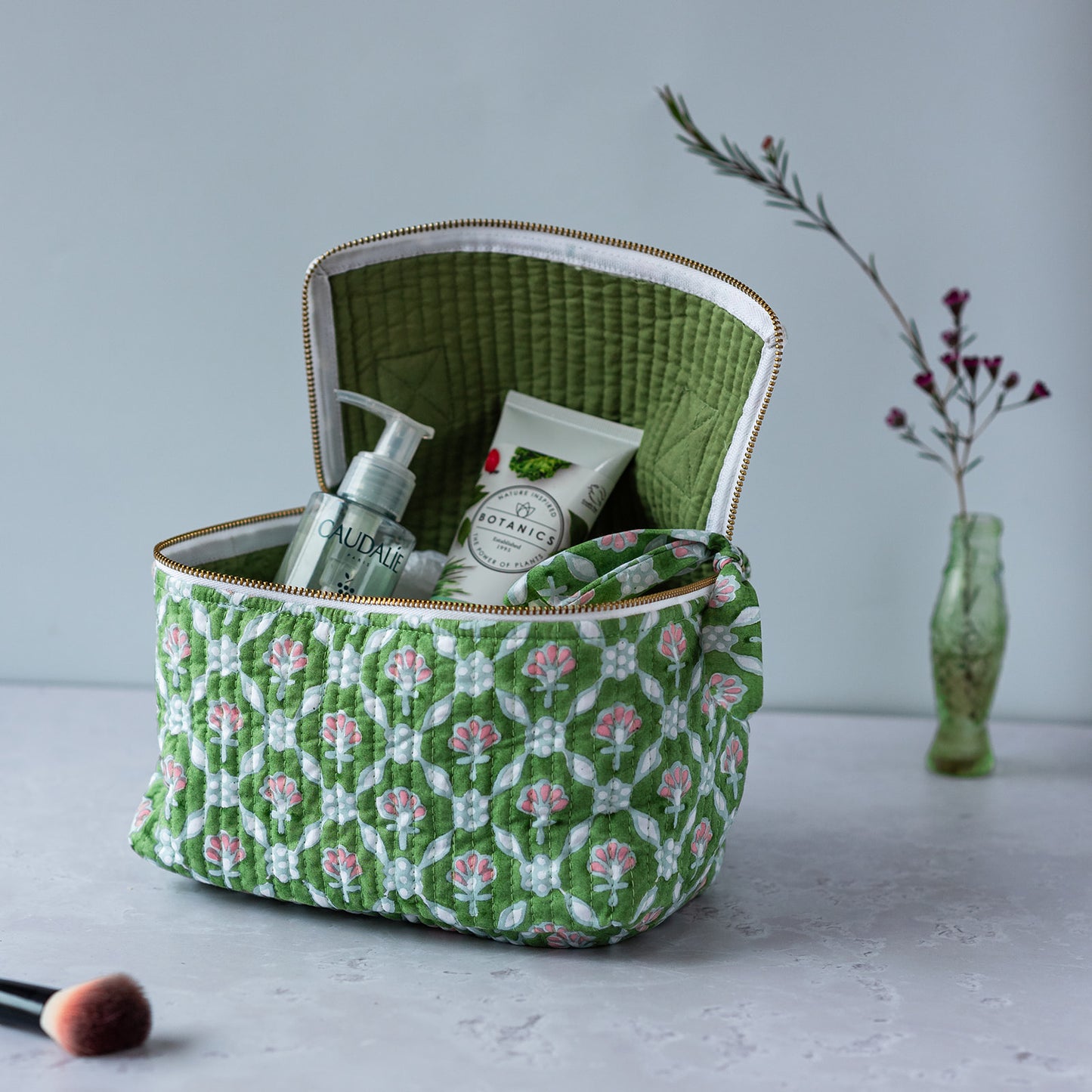 petal-cosmetic-case-block-printed-green-make-up-bag-open