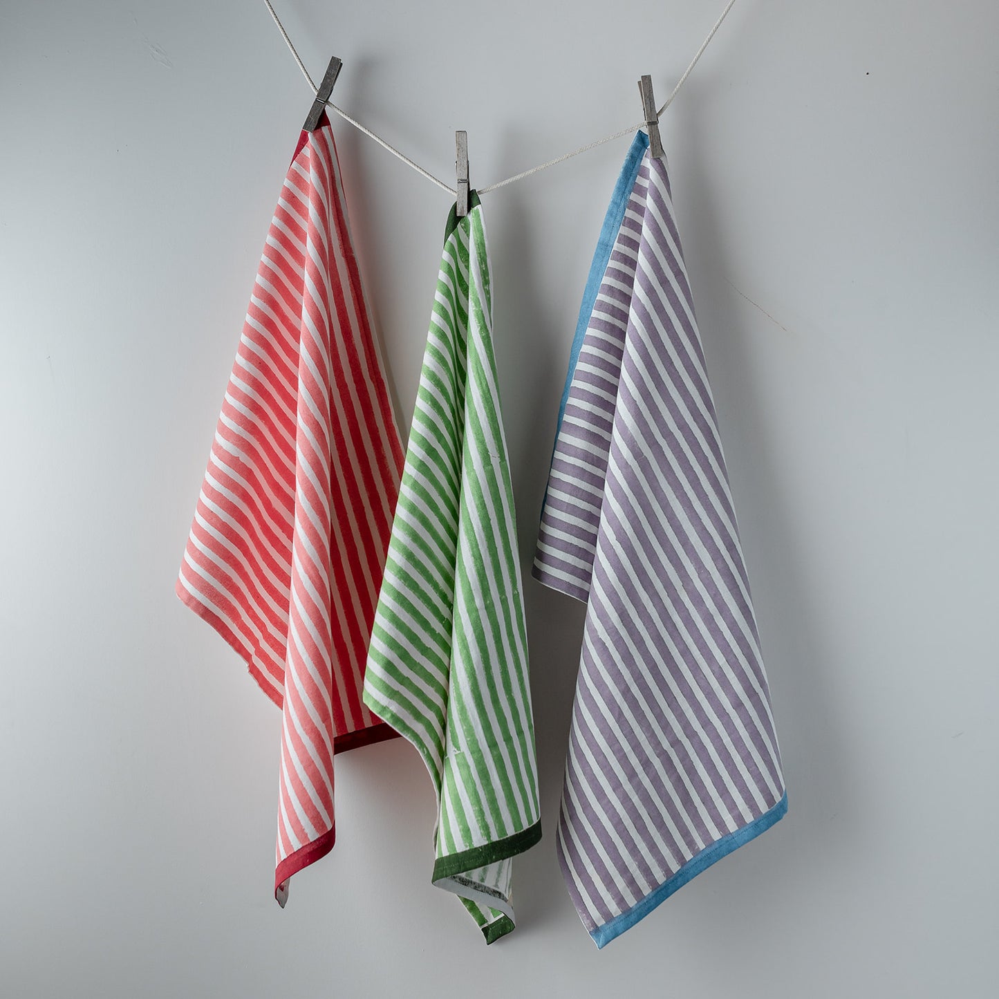 -tripe-block-printed-green-lilac-blue-cherry-pink-tea-towel-trio