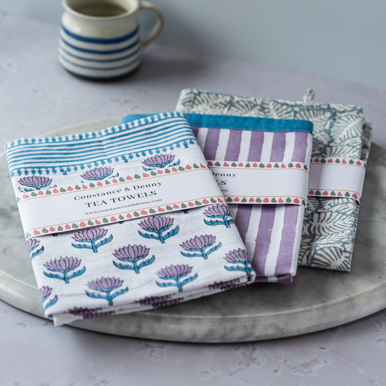 lotus-flower-leaf-block-printed-blue-lilac-stripe-tea-towel