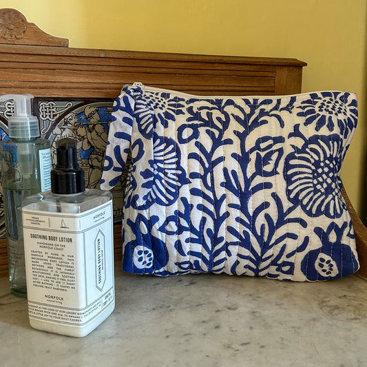 blue and white block printed cosmetic pouch