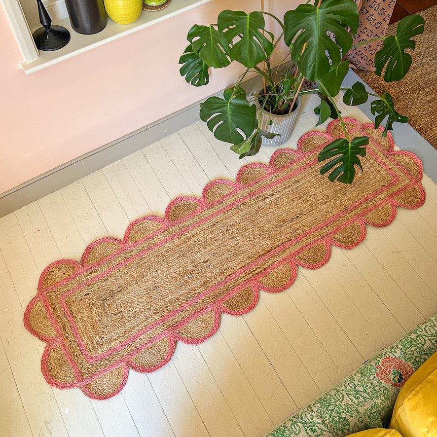 jute runner hand woven scalloped edge pink