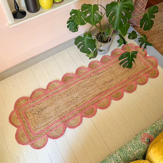 jute runner hand woven scalloped edge pink