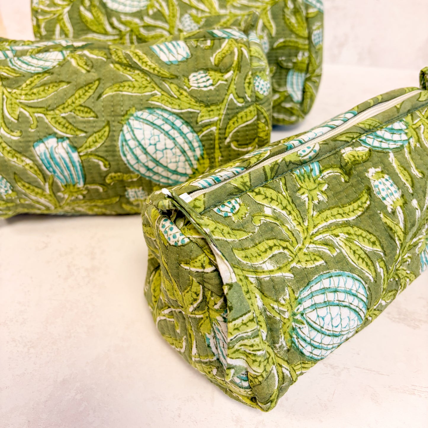 Green fabric on a cosmetic bag wash bag
