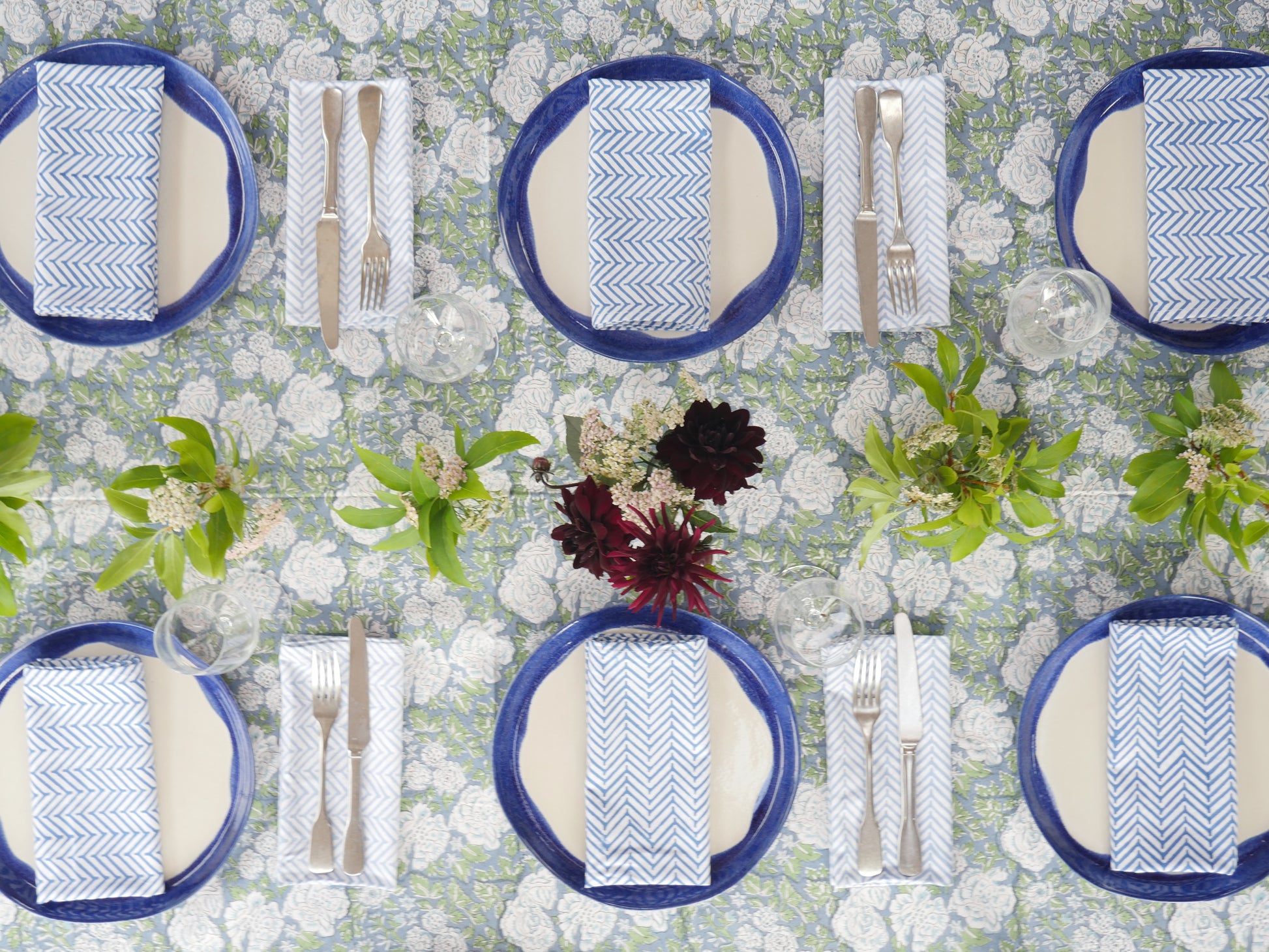 Block Printed tablecloth In Bloom
Floral Tablecloth
Blue and green  Floral
Tablescape
country home 