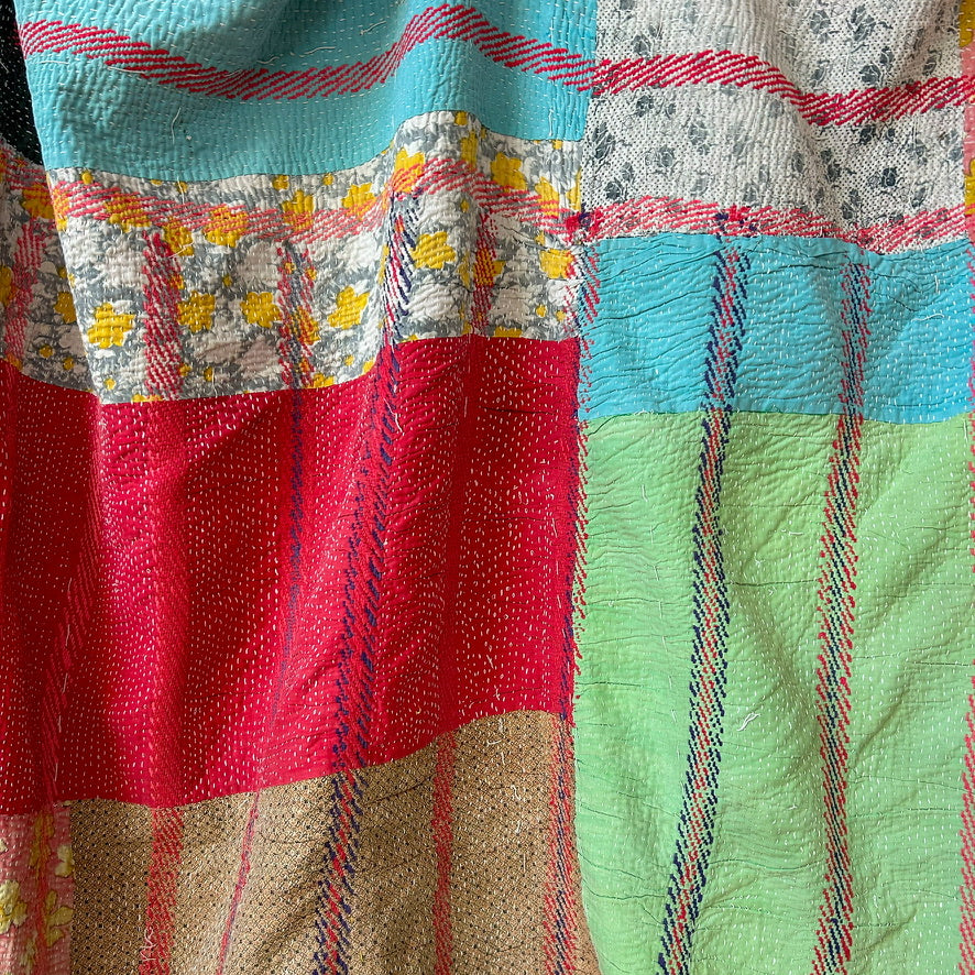 Colorful patchwork fabric with various patterns and colors. kantha-vintage-2030 - hand-made-blanket-throw-textiles-wall-hanging