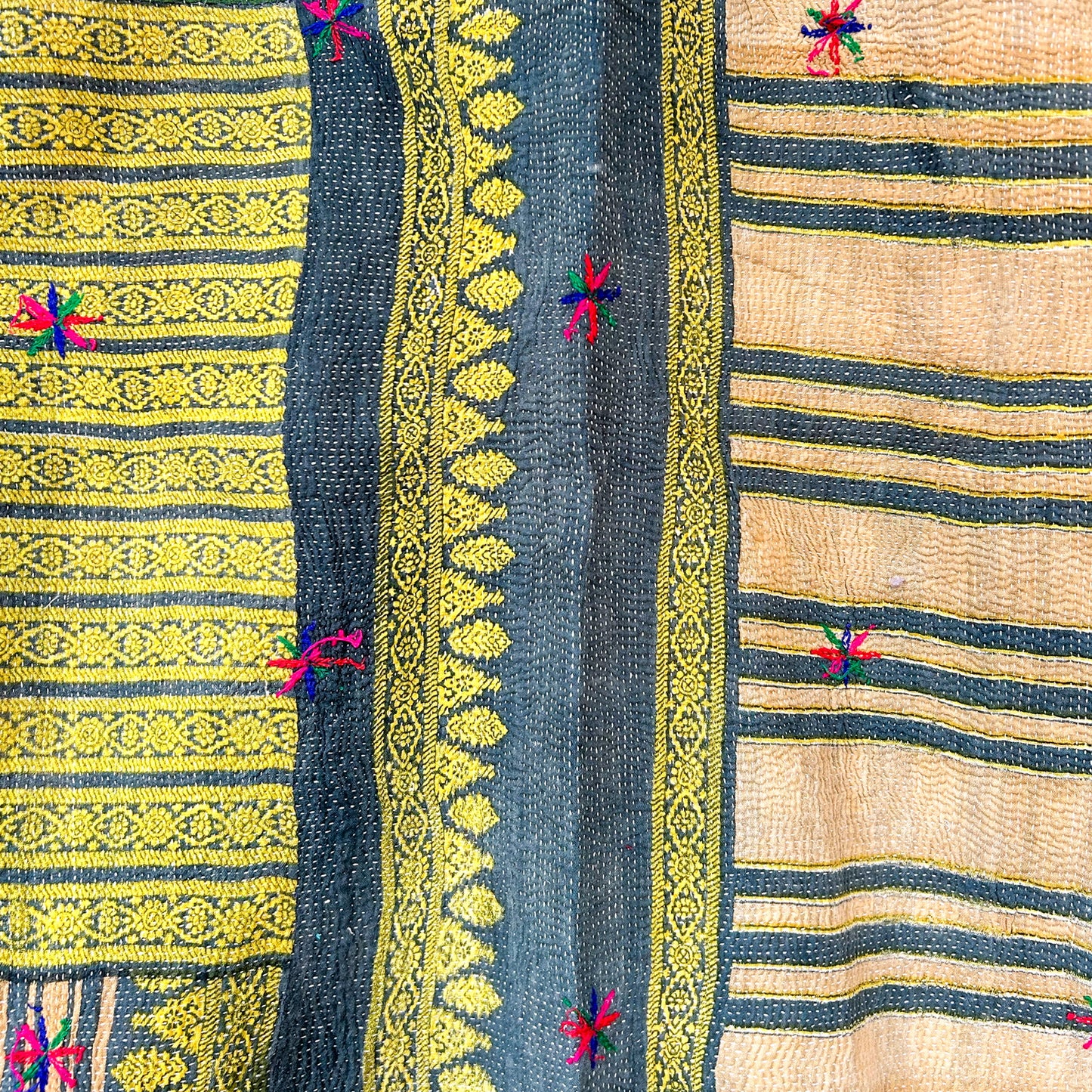 Close-up of a fabric with yellow, blue, and beige patterns and embroidered flowers.  kantha-vintage-2035- hand-made-blanket-throw-textiles-wall-hanging
