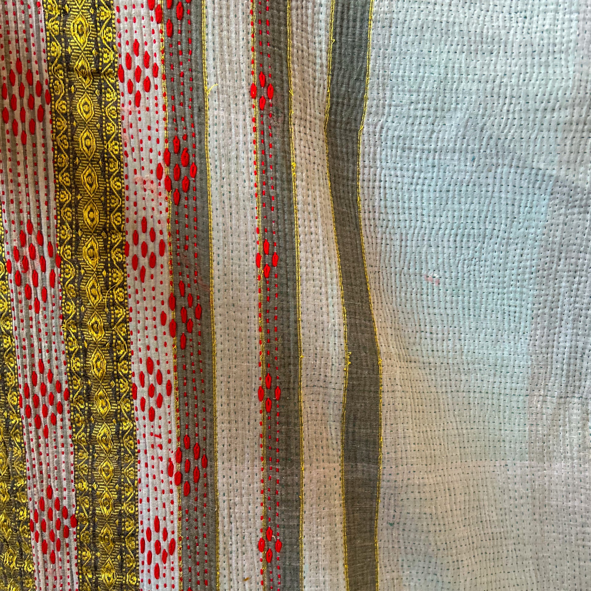 vintage kantha details. red stitching. Blanket throw