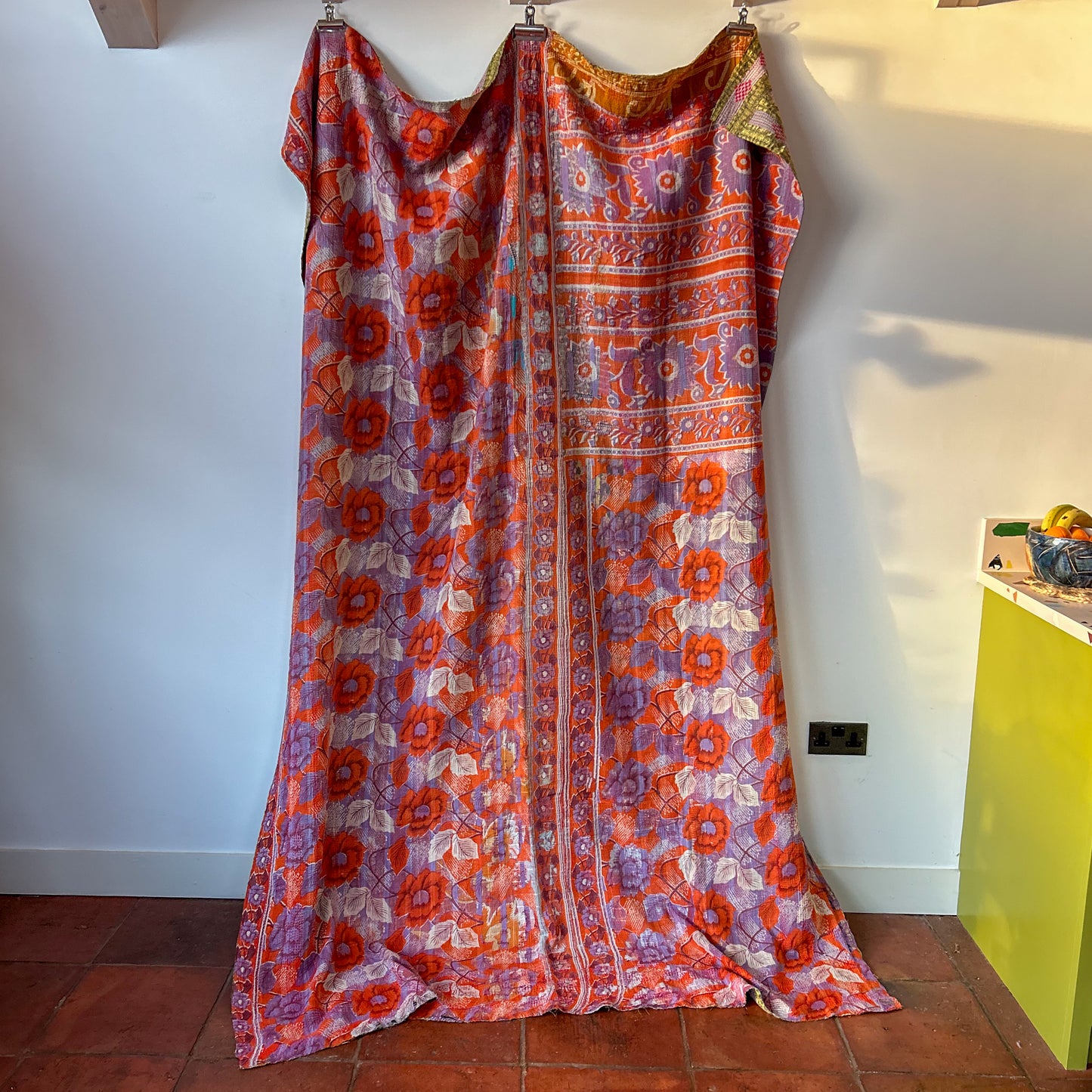 orange and purple floral vintage kantha. Blanket throw