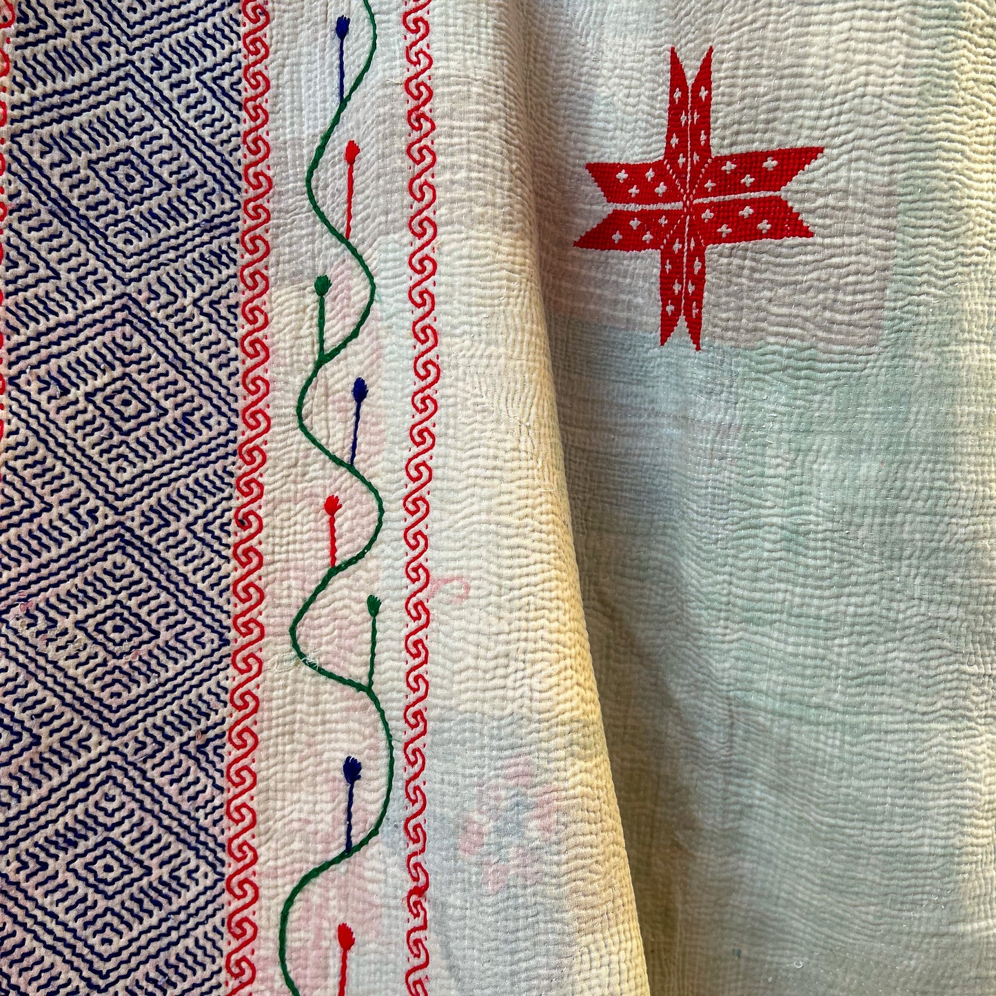 Close-up of embroidered fabric with geometric patterns and a red star design.