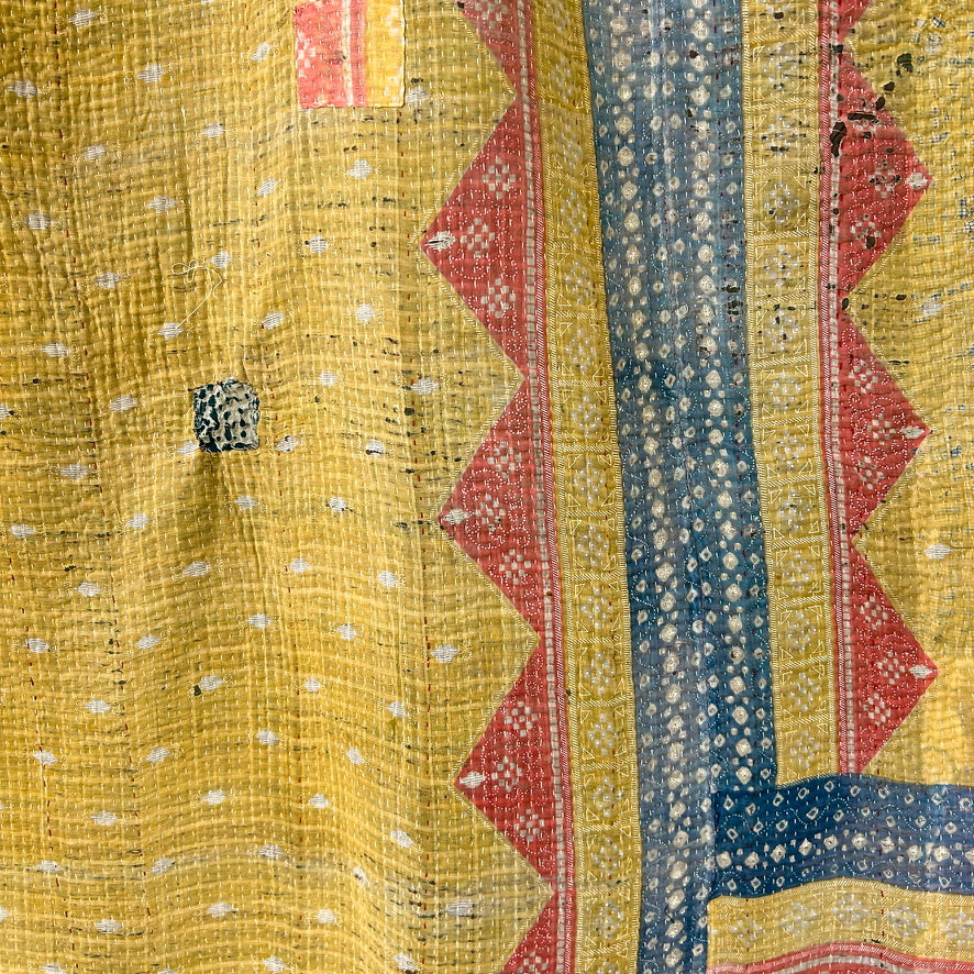 Colorful fabric with geometric patterns in yellow, red, and blue. kantha-vintage-2031 - hand-made-blanket-throw-textiles-wall-hanging
