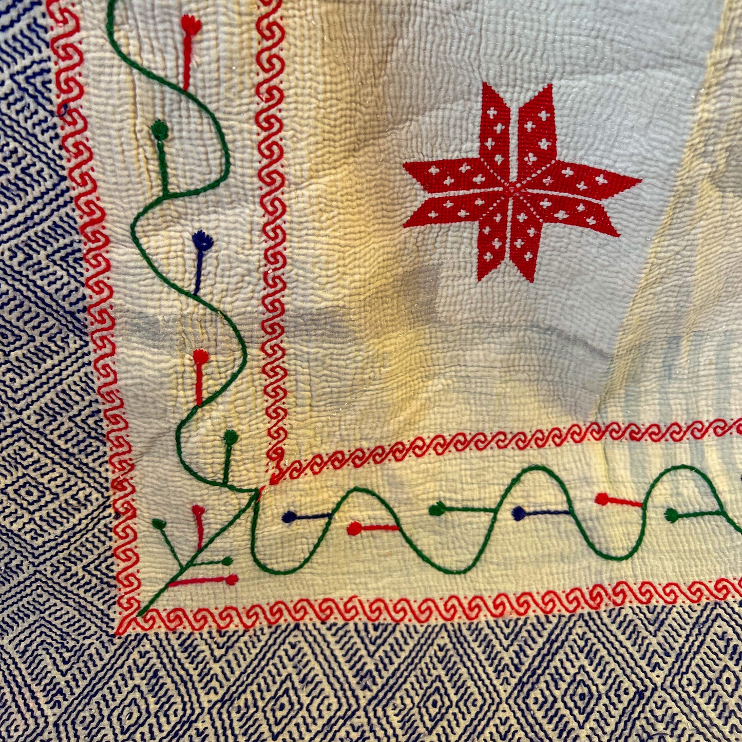 Close-up of embroidered fabric with red and green patterns on a blue and white background