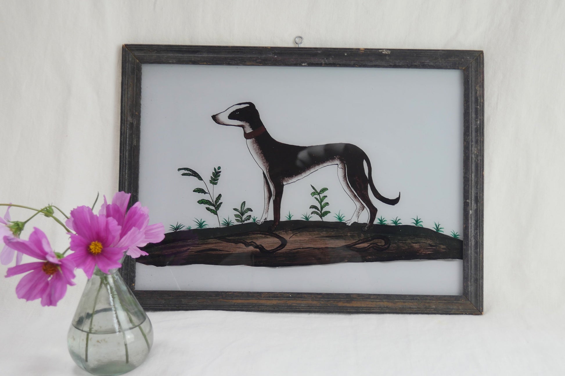 large indian reverse glass painting dog 