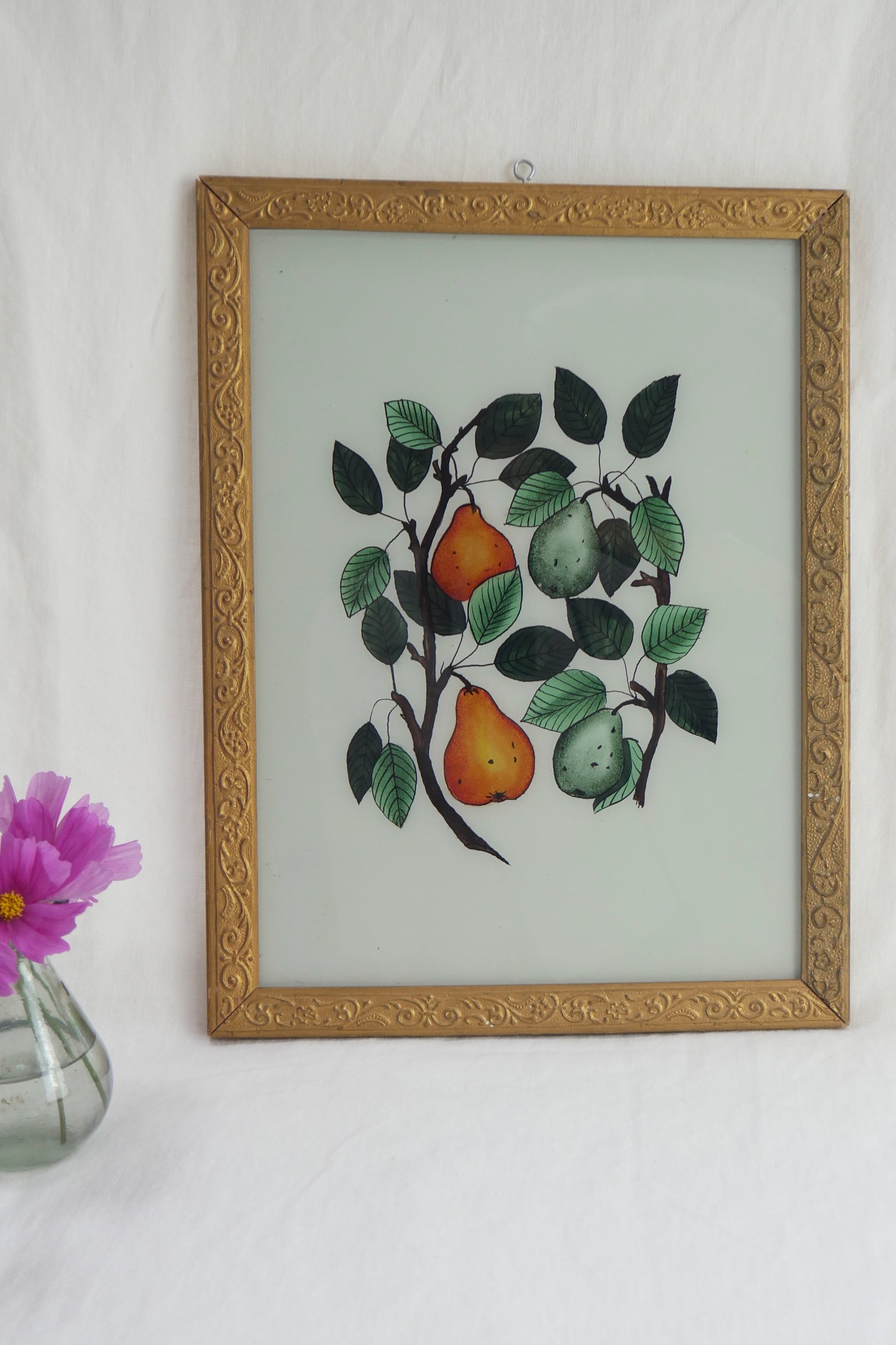 large pear indian reverse glass painting