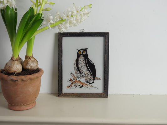 owl glass painting 
hand painted 
reverse painting