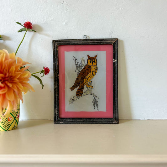 Framed illustration of an owl on a white surface with flowers. constance-and-denny-indian-reverse-glass-painting-boxed-packaging-hand-painted-artisan-art-owl